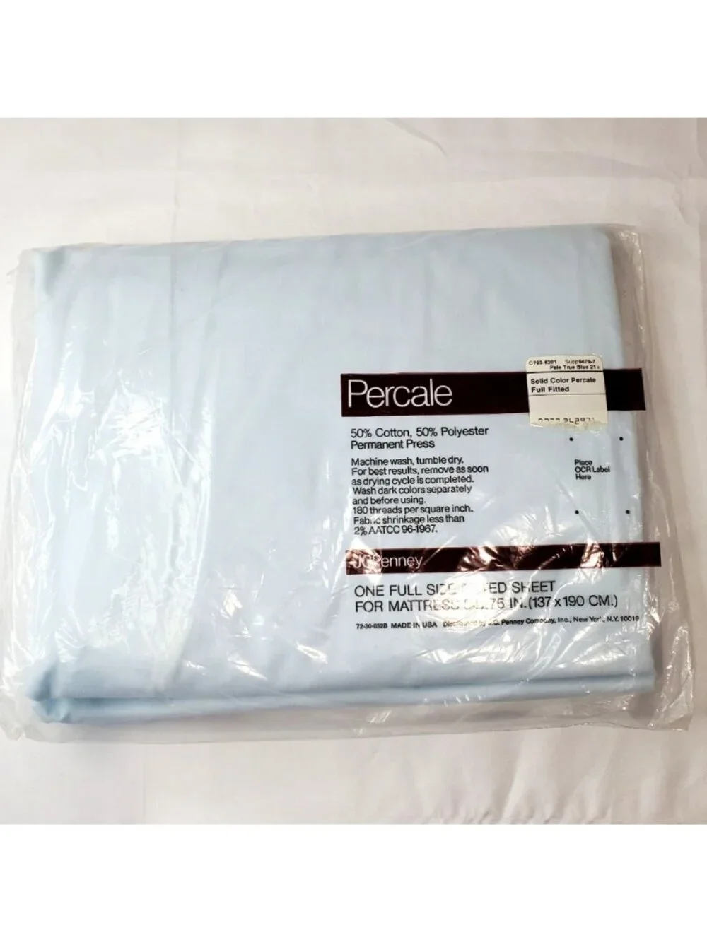 VTG JC Penney Percale Full Size Fitted Sheet Pale Blue 180 Thread Count USA